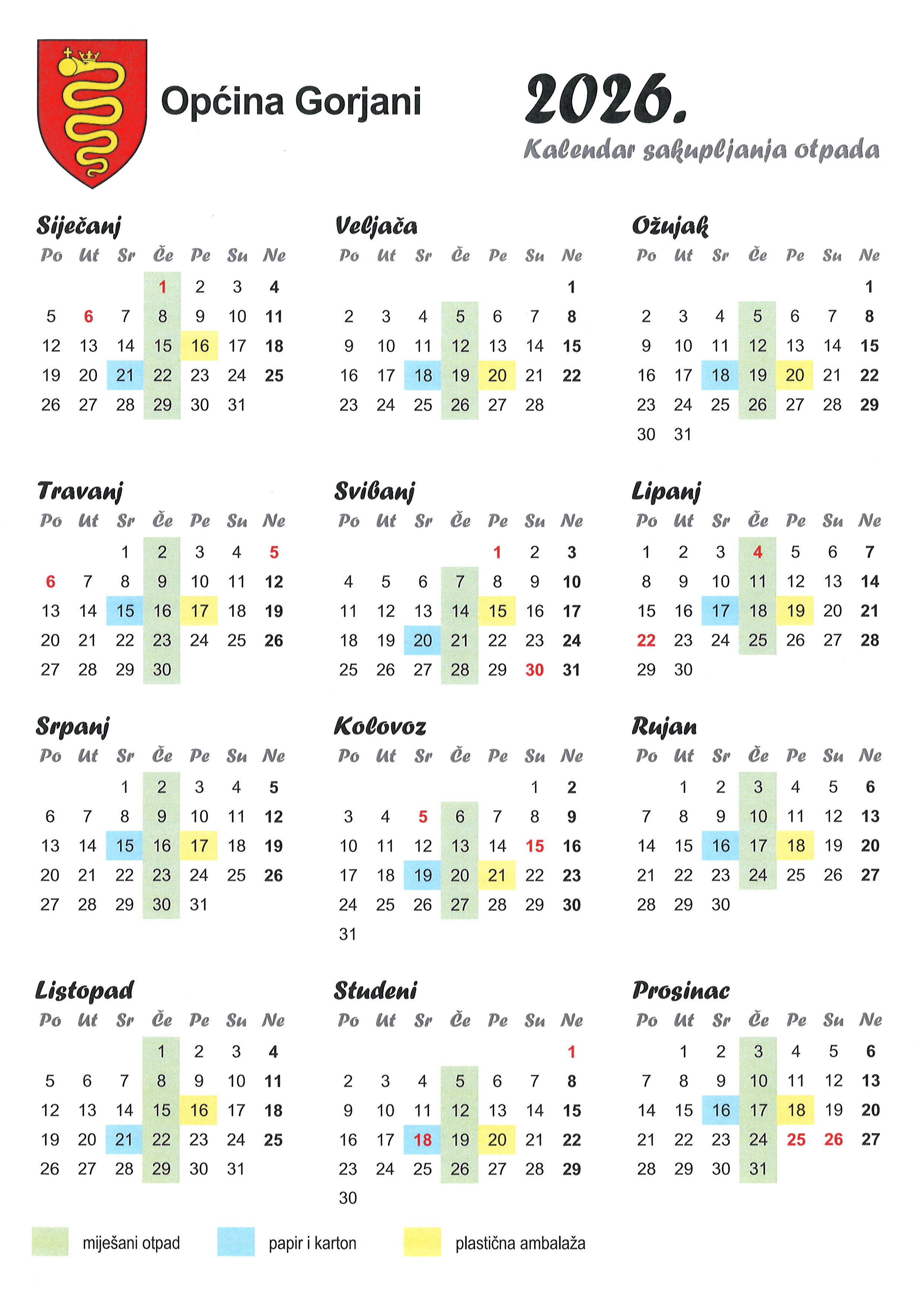 Kalendar sakupljanja otpada 2026jpg