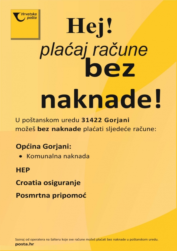 PLAĆAJTE UPLATNICE KOMUNALNE NAKNADE BEZ NAKNADE U POŠTANSKOM UREDU GORJANI